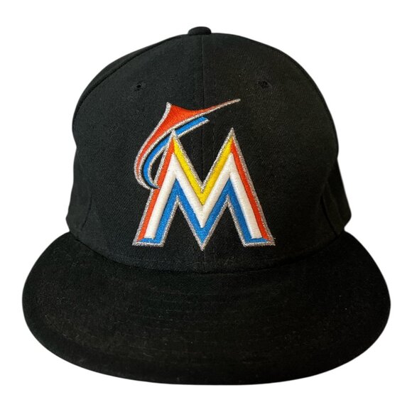 Miami Marlins New Era 59FIFTY Black Fitted Hat Size 7 5/8 – MLB On-Field Cap - Picture 1 of 7